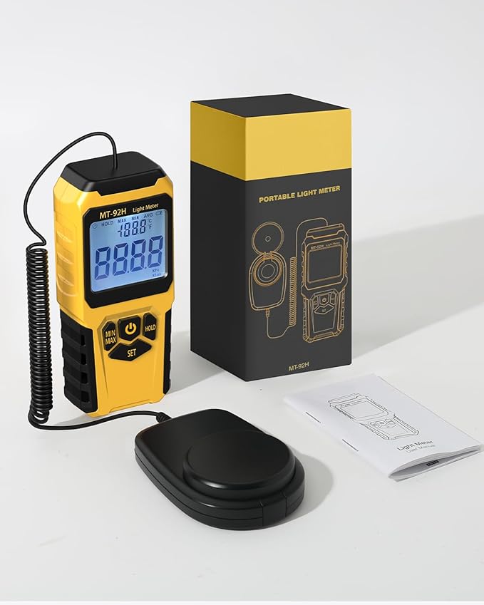 MT-92H Light Meter with Split Sensor Lux/Foot Candles Meter 500ms Refresh Rates Range up to 200,000 Lux Switchable Backlight Temperature Measurer 14℉-140℉