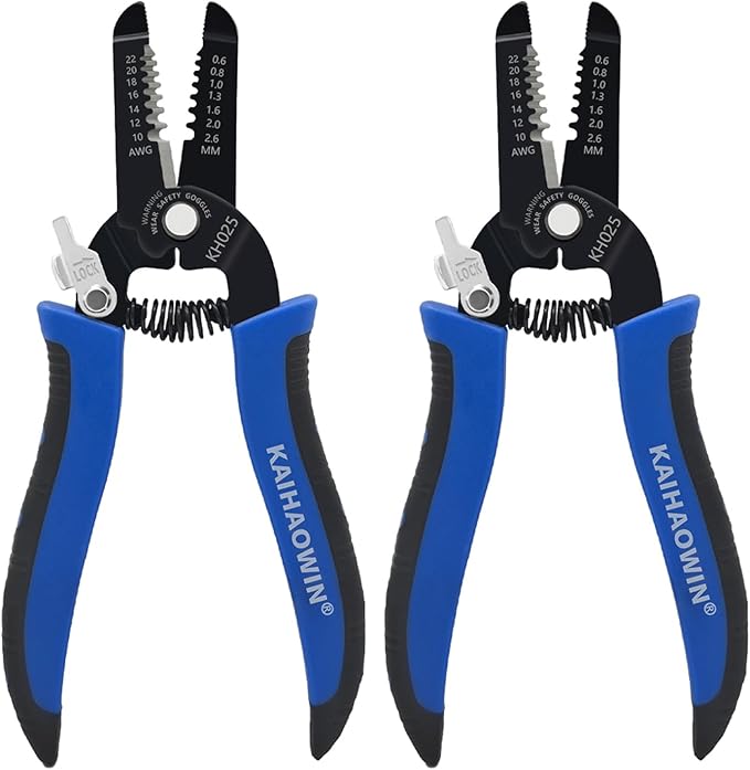 KAIHAOWIN 2 Pack Wire Stripper and Cutter with Safety Lock and Spring Loaded Professional Stripping Pliers Electrican Tool Small Gauge for 10-22 AWG Stranded Wire
