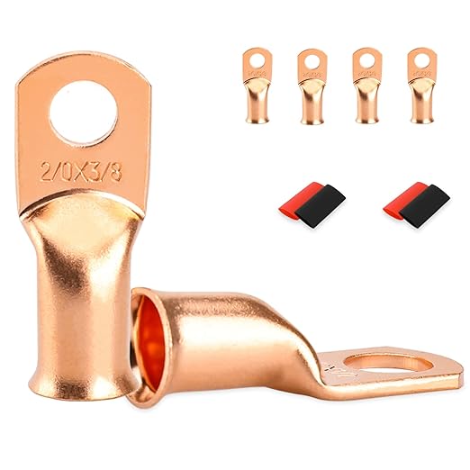 4 PCS Battery Terminal Connectors, Battery Cable Ends Lugs, 2/0 Gauge Wire Connectors, 2/0 AWG 3/8" Stud Ring Terminals, Copper Wire Lugs with Heat Shrink Tubing.