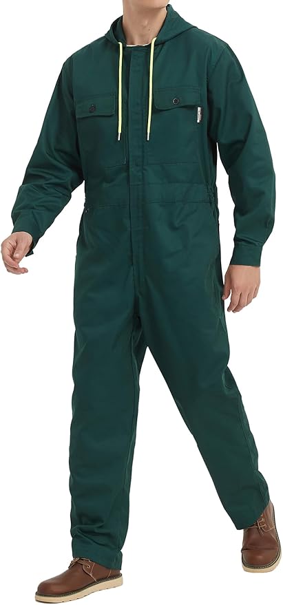Mens Cotton Blend Long Sleeve Coverall Multi Pockets Zip Overall Mechanic Work Jumpsuit with Hood