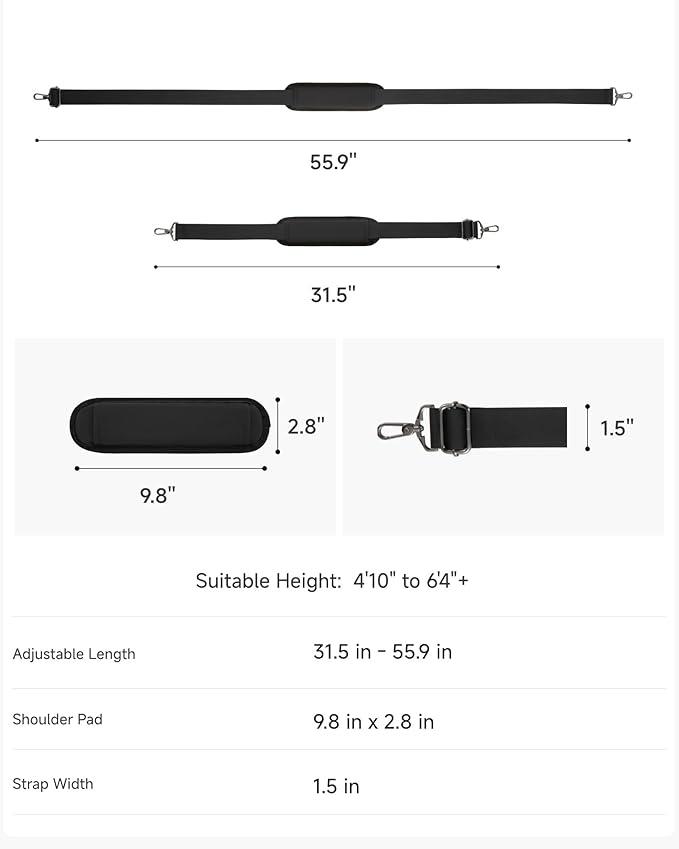 LUGGEX 56 Inch Shoulder Strap, SS01Universal Adjustable Replacement Belt with Padded Metal Hooks for Crossbody Duffel Messenger Sleeve Bag Brifcase, (SS01-Core, Black)