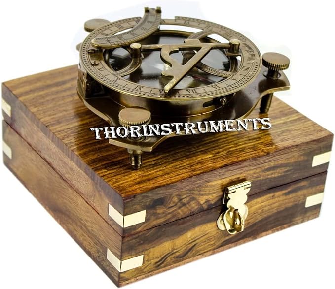 THOR INSTRUMENTS 5" Triangular Nautical Sundial Compass with Level Meter, Encased in Genuine Rosewood Anchor Inlaid Case, Maritime Decor Gift