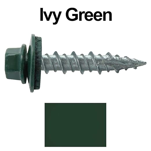 Metal Roofing Screws: (250) 10 x 1 Forest/Ivy Green Hex Head Sheet Metal Roof Screw. Self Starting Metal to Wood siding Screws. EPDM Washer. Colored Head