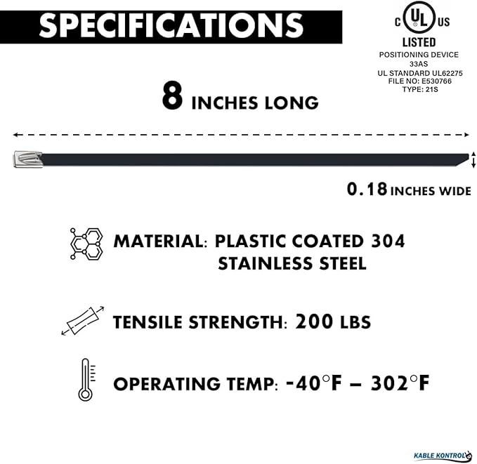 Kable Kontrol Black Metal Zip Ties - 8" Inch Long 100 Pcs, 200 Lbs Tensile Strength, Polyester Coated 304 Stainless Steel Cable Ties UV & Chemical Resistance, for Indoor & Outdoor Use
