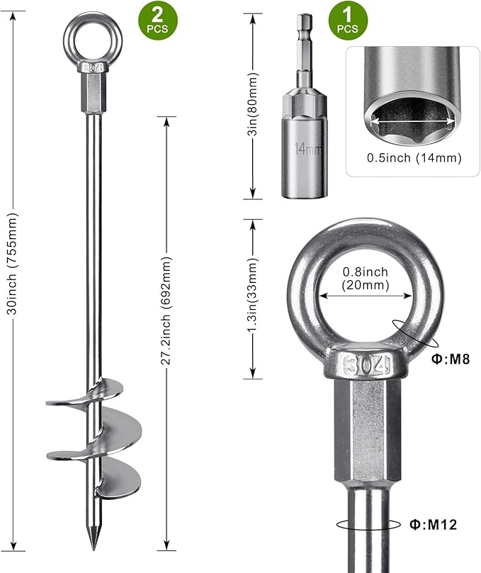 Dolibest 30" Heavy-Duty Ground Anchors Screw in, 3" Wide Spiral Earth Anchors for Swing Set, Wind Resistant Mobile Home, Trampoline, Sheds - Fully Welded Ground Anchors-Set of 2