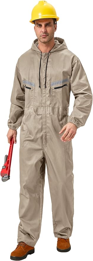 Mens Work Coveralls Mechanic Hooded Overall Workwear Jumpsuits Long Sleeve Hi Viz Coverall with Zippers
