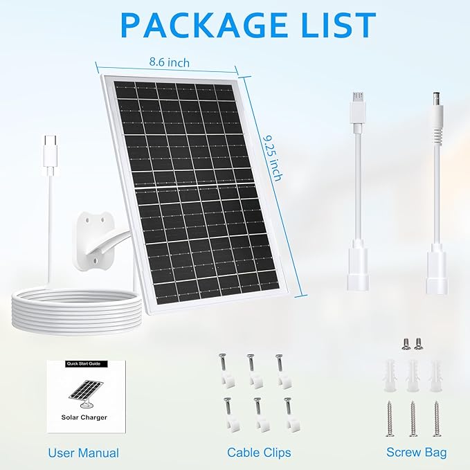 Zivif 13W USB Solar Panel for Security Cameras, Solar Charger with USB-C Cable, DC 5.5x2.1mm & Micro USB Port, IP66 Waterproof with Adjustable Mount & 10FT Cable, Tempered Glass Panel