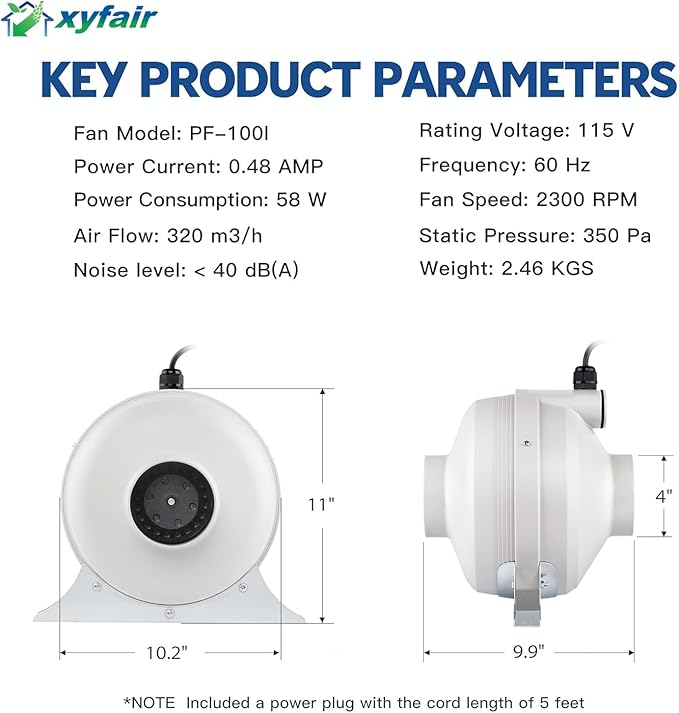 PF-100 | Radon Mitigation Fan 4" 190CFM | Waterproof Duct Fan (Indoor/Outdoor)
