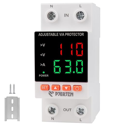 Adjustable Voltage Protector 110/230VAC 2P 63A Adjustable Smart Breaker Voltage Protector Current Limit Quick Disconnect Overvoltage Undervoltage Time-delay Protection Automatic Reset