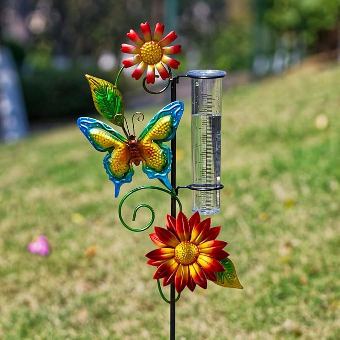 Rain Gauge Outdoor, Butterfly Rain Gauge with 7 Inch Tube, Metal Rain Measure Tool, Decorative Rain Measure Gauge for Outdoor, Garden Decor