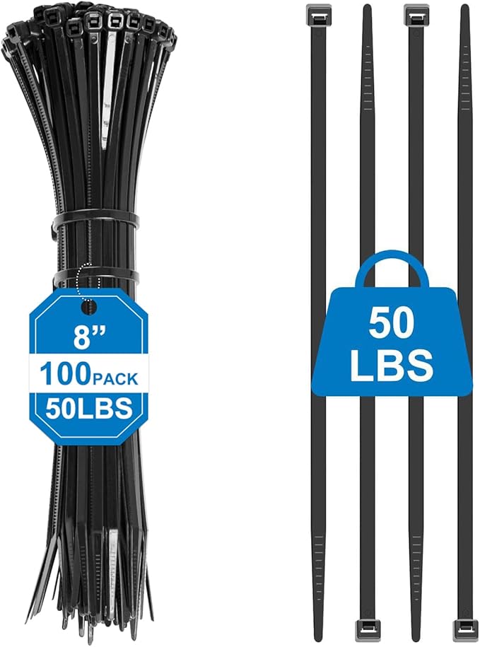Black Zip Ties 8 Inch (100 Pack),50lbs Tensile Strength,Heavy Duty Self-Locking Nylon Cable Ties, UV Resistant Flame Retardant Cable Ties for Indoor and Oudoor Use