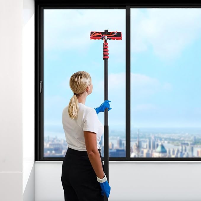 4.99-23.62FT Telescopic Window Washer Kit W/13.78IN Brush Head, 180° Adjustable Brush Head, Cleaning Brush Kit for Solar Panel, Window Cleaner Tool, Window Cleaning Equipment, Window Cleaning Tool Kit