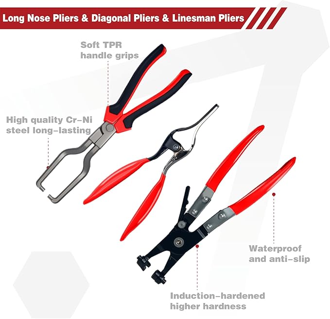 8-Piece Fuel Line Disconnect Tool Set, Fuel Line/Hose Clamp/Removal Pliers, Electrical Disconnect/Push Pin Tools, Relay Puller, Panel Clip Remover & Filter Caliper with Storage Case.