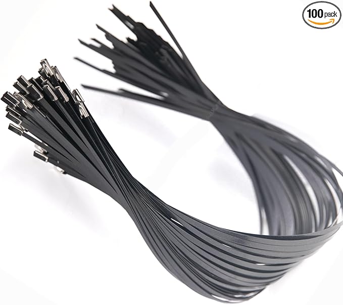 Metal Zip Ties, 100PCS Black 304 Stainless Steel Zip Ties, Multi-purpose Metal Zip Ties Heavy Duty，Used for Outdoor Binding, Cables, Farms, Vehicles. W/0.18"(4.6 mm) L/20" (500mm)