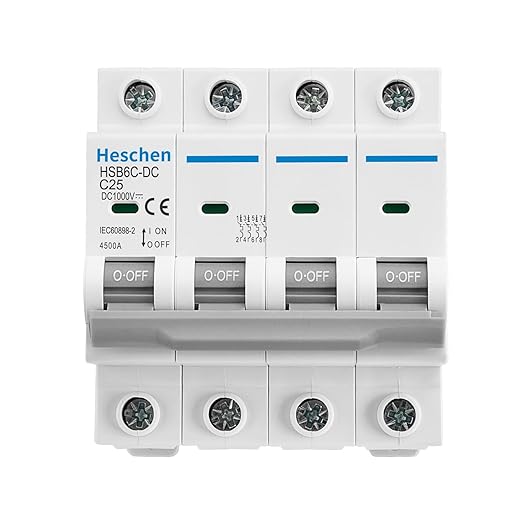 Heschen DC Miniature Circuit Breaker, HSB6C-DC, 4 Poles, DC1000V 25A, Photovoltaic Circuit Breaker, for Solar PV System Solar Panels Grid System, 35mm DIN Rail Mounting