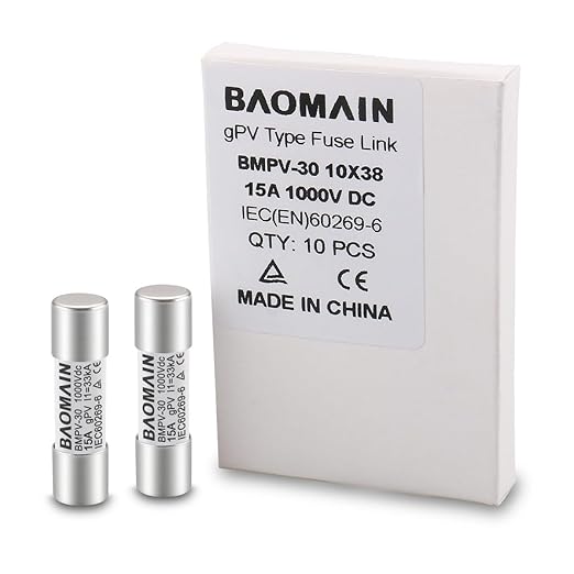 Baomain 10-Pack gPV Solar PV Fuse 15A 1000V DC, 10x38mm, 33kA Breaking Capacity, CE Listed for Photovoltaic Systems, Combiner Boxes (15 Amp.)