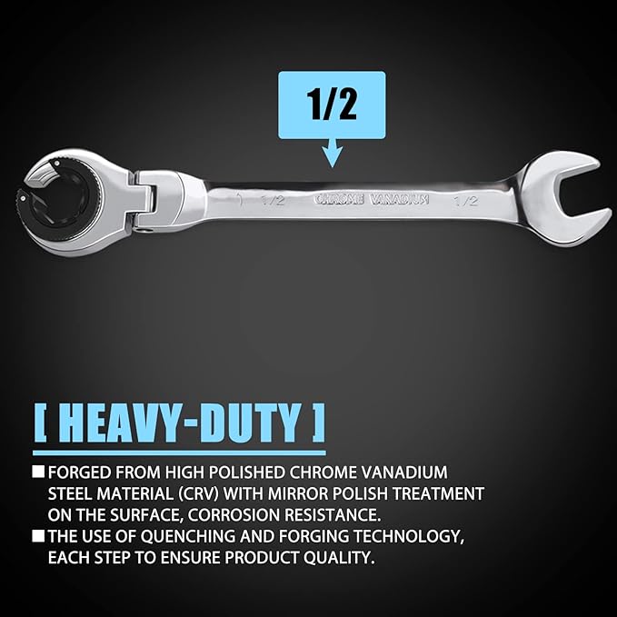 LOSCHEN】1PCS 1/2 Open Flex-Head Ratcheting Wrench, SAE Ratcheting Spanner with 72 Teeth, Chrome Vanadium Steel Tubing Ratchet Spanner