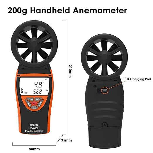 Handheld Vane Anemometer Air Flow Tester, Kethvoz Digital Wind Speed Meter Measure Air Velocity 0.3~30m/s, Test Temperature Humidity, Portable Carrying Case Included