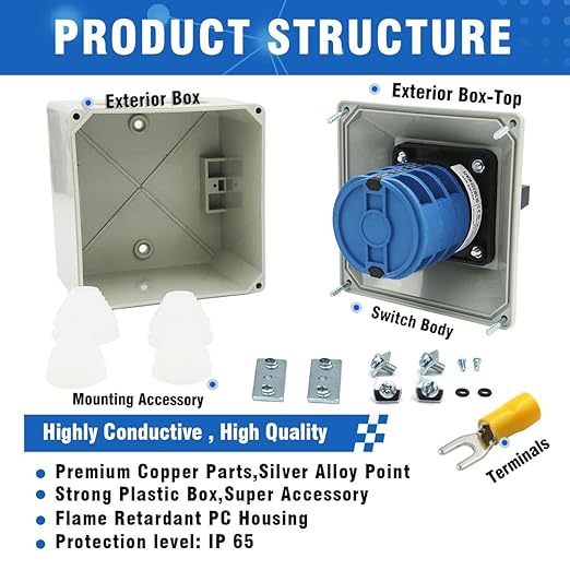 40A Rotary Changeover Switch With Exterior Box, 3 Position 3 Phase 12 Terminals, Universal Selector With AWG 12-10 Yellow Terminals, Cam Box IP65 40/D303.3D