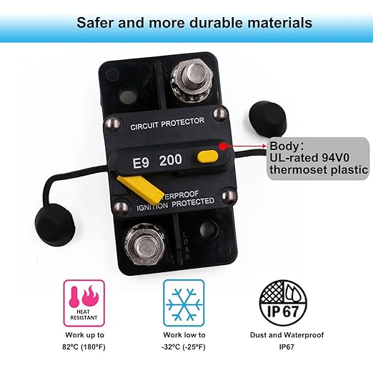 Heavy Duty 3/8" Studs Circuit Breaker 12V-48V 200A High Current with Manual Reset Switch for Car Audio Truck RV Travel Trailer Boat Marine Solar DC System Motors, UL, IP67 Waterproof