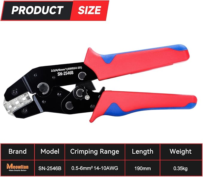 Solar PV Cable Crimping Tool for Solar Connectors Parts Accessories RV Camping Trailer AWG14-10 (2.5/4/6mm²) - 7 Inch Piler Crimper For Solar Panel Cable Assembly and Installation