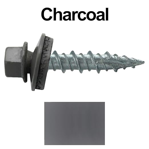 Metal Roofing Screws: (250) 10 x 1 Charcoal Hex Head Sheet Metal Roof Screw. Self Starting Metal to Wood siding Screws. EPDM Washer. Colored Head