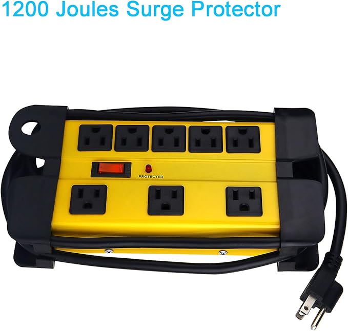 CCCEI Heavy Duty Surge Protector - 8 Outlet Power Strip with 1200 Joules, Metal with 6FT Extension Cord and Wide Spaced, Yellow