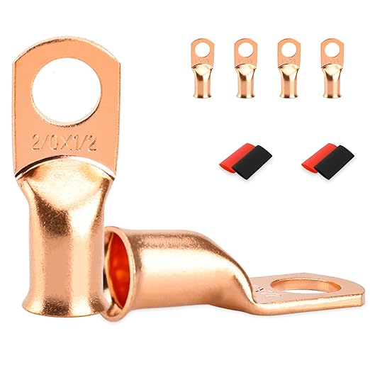 4 PCS Battery Terminal Connectors, Battery Cable Ends Lugs, 2/0 Gauge Wire Connectors, 2/0 AWG 1/2" Stud Ring Terminals, Copper Wire Lugs with Heat Shrink Tubing.