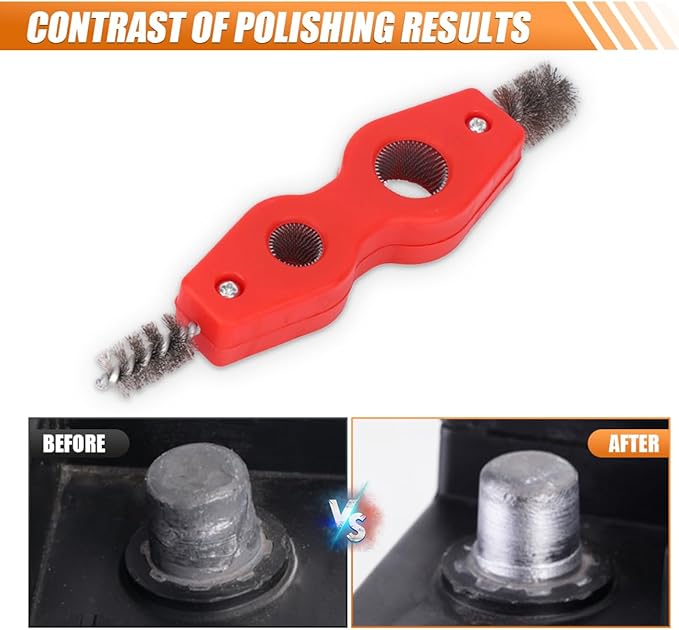 4-in-1 Car Battery Terminal Cleaning Brush- 1/2" & 3/4" Inner & Outer Thread Copper Tubing Pipes Brush- Rustproof Machine Parts Cleaner Tool for Plumbing Installation Soldering Brazing (Red)