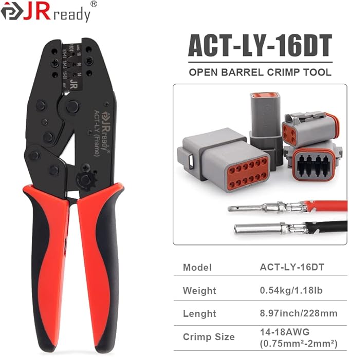 JRready ACT-LY-16DT Deutsch Crimp Tool Stamped, 14-18AWG Deutsch Open barrel Terminal Crimping Tool for DT Connector Stamped Contacts Size 16, Automotive Wiring Repair