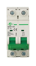 DC Miniature Circuit Breaker, 2 Pole 10 Amp, 250V-500VDC, 6kA Din Rail Mount Breaker with Thermal Magnetic Trip, DZ47-63 C10 2P, DC Solar MCB