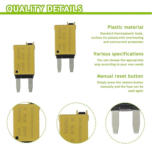 20A DC 12V-32V Manual Reset Circuit Breaker ATM Low Profile T1 Mini Blade Fuses Breakers for Car Trucks Marine Boat RV Solar and More,2 Pack