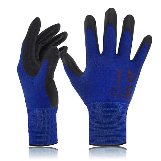 DEX FIT Nitrile Work Gloves FN330, 3D-Comfort Stretchy Fit, Firm Grip, Thin & Lightweight, Touch-Screen Compatible, Durable, Breathable & Cool, Machine Washable; Blue XL (10)