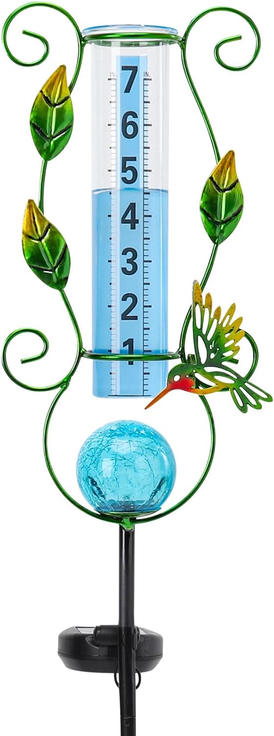 MUMTOP Rain Gauge Outdoor Freeze Proof, 36 Inch Large Number Solar Lights Hummingbird Water Gauge for Lawn, Yard and Garden