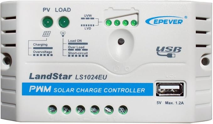 EPEVER Solar Charge Controller 10A 12V/24V Auto Work LS1024EU with USB Port 5V/1.2A Output LED Indicator for Off Grid Solar Panel Battery Charging System (LS1024EU)