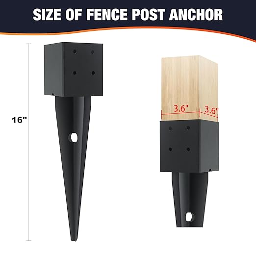 1 Pcs 4x4 Fence Post Anchor Ground Spike 16"(Inner Size 3.6"x3.6") Black Powder Coated–Mailbox Post Anchors, for Deck,Fence,Railing,Mailbox..