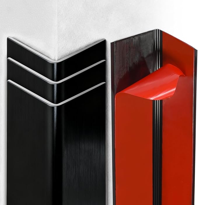 Raytano 4Pcs 45"L ×1"W Self Adhesive Metal Black Corner Protectors, Modern Aluminum Wall Corner Guards for Wall Door Furniture Cabinet Baseboard Frame Protection and Decoration (Size:45" x 1",Black)