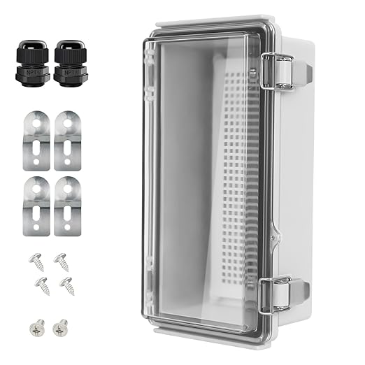 LeMotech Electrical Box, IP67 Waterproof Hinged Clear Cover Stainless Steel Latch Junction Box, ABS Plastic Electrical Enclosure with Mounting Plate,Wall Brackets, Cable Glands,8.2"x4.2"x2.9",Grey