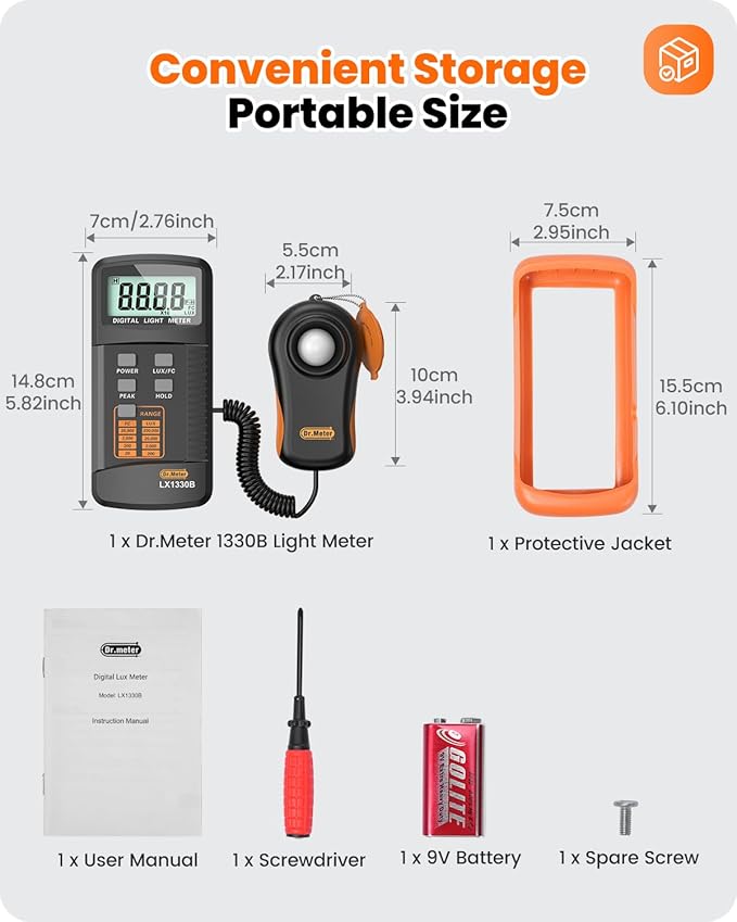LX1330B Digital Illuminance Light Meter, 0-200,000 Measurement Range Lux Meter, Lighting Intensity Brightness Measurement for Indoor Outdoor, Light Meters for Plants