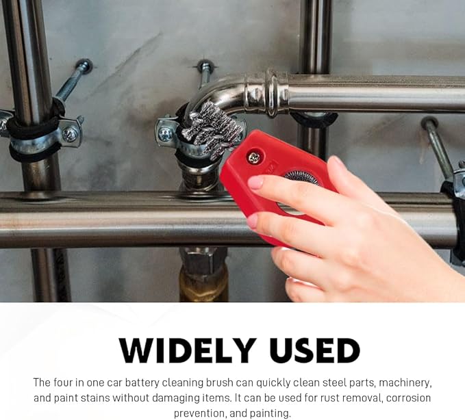 4 in 1 Car Battery Cleaning Brush, Battery Terminal Cleaner, Anti-Rust Auto Battery Cleaner with Steel Wire, Car Accessories Vehicle Machine Parts Clean Tools for Most Vehicles (Red)
