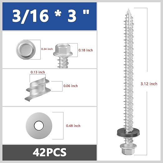 # 3/16 * 3 "42PCS 1lbs Gray hex Metal Sheet roof Screws, with Anti Rust Coating, # 10 * 3, with EPDM Washer and hex self Tapping, Used for Metal to Wood, Corrugated Roofs. 5 * 75mm