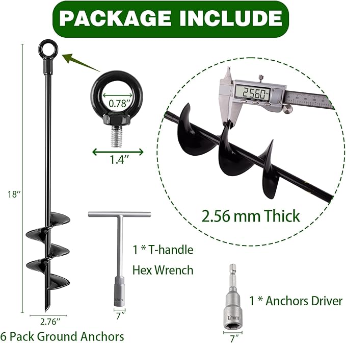Ground Anchors Screw in, 18 Inch Heavy Duty Swing Set Ground Anchor Kit 6 Pack, Spiral Earth Trampoline Stakes High Wind Metal Auger Stakes for Dog Sheds Tent Carports Camping
