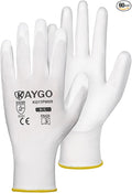 KAYGO Work Gloves for Men and Women, 60 Pairs Seamless Knit PU Coated Safety Gloves, with Smooth Grip on Palm and Fingers, Ideal for Light Warehouse, Manufacturing, Gardening, KG11P (L, White)
