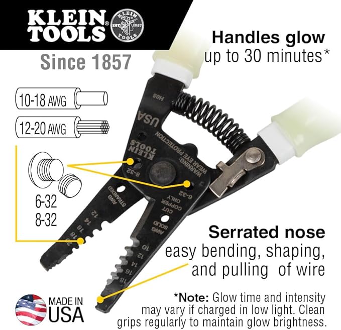 Klein Tools 11055GLW Wire Stripper / Cutter, Made in USA, Klein-Kurve Stripper / Cutter, 10-18 AWG Solid, 12-20 AWG Stranded Wire, Glow in the Dark Grips
