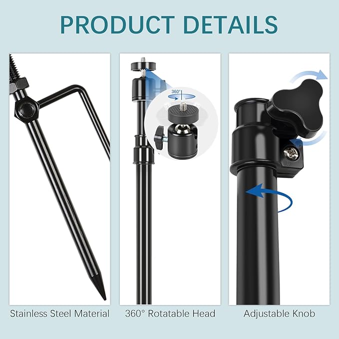 3 Pack Ground Stake Mount Stand, 360° Adjustable Universal Thread Connection 1/4''-20 (6 mm) Foldable Stainless Steel Bracket for Outdoor Security Cameras, Solar Panels & Fishing Lights