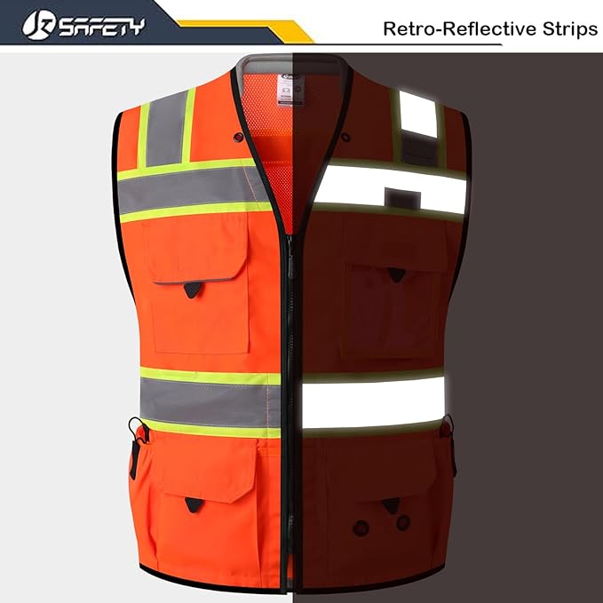 JKSafety Hi-Vis Unisex Surveyor Safety Vest Heavy Duty PPE Inner Pockets ANSI/ISEA Compliant
