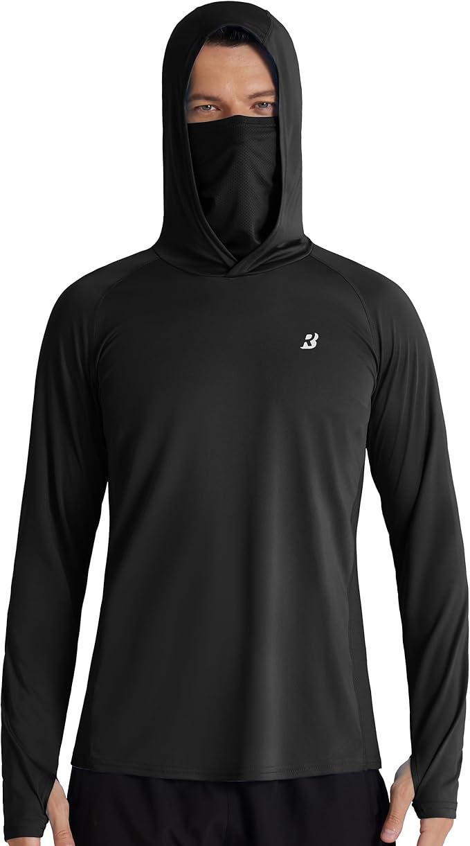 Roadbox Men's UPF 50+ Hooded Fishing Shirts Long Sleeve Sun Protection Hoodie, Hiking Running Swimming Rash Guard with Mask