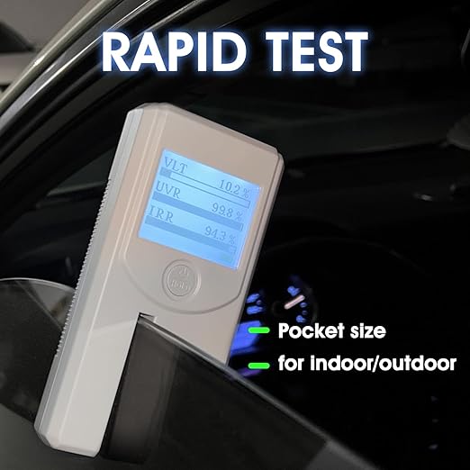 Digital Tint Meter, Pocket Solar Film Tester with Automatic Calibration, 5-in-1 VL UV IR Transmittance and Rejection Tester for Film, Filmed Glass, Window Tint, Side Windshield