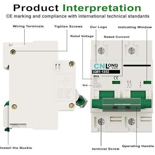 DC Miniature Circuit Breaker 80 Amp Solar Disconnect Switch DC1000V AC400V 2P MCB for Solar Panel, UPS, RV and Battery DIN Rail Mount