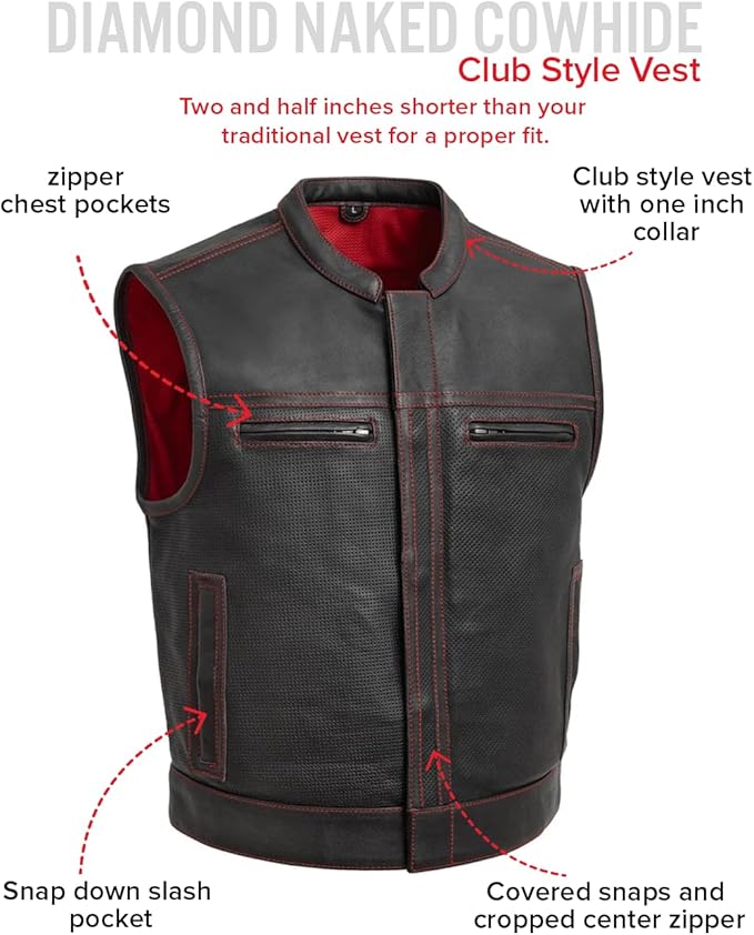 First Mfg Co Lowrider Mens Motorcycle Biker Riding Armor Club Style Black Leather, Twill, Moto Mesh, Perforated Vest